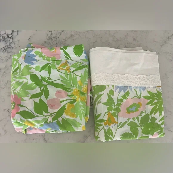 Vintage Floral Lace Lilly Pulitzer Like Twin Flat & Fitted Sheet Set Fashion - Picture 1 of 4